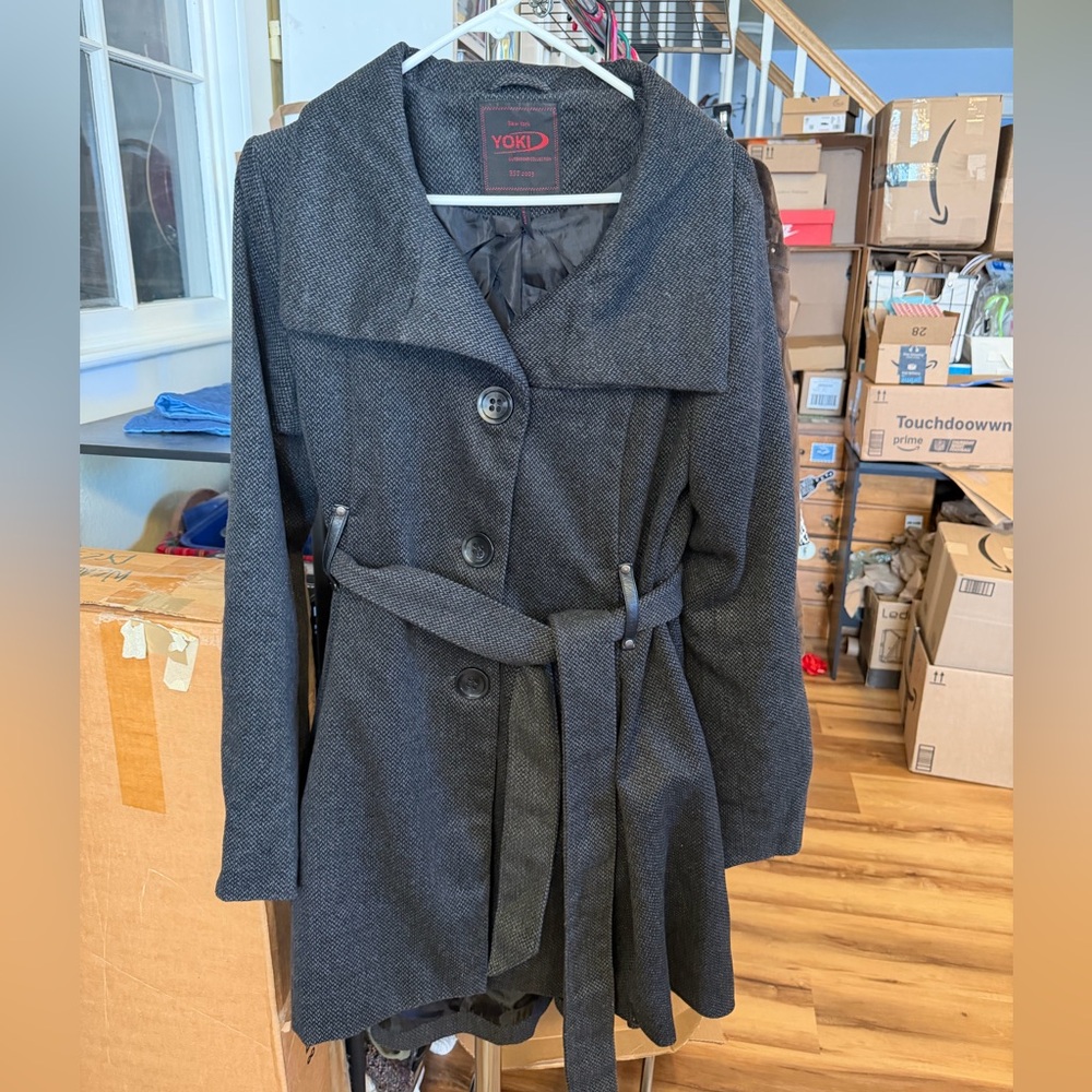 1/2 off bundles of 3+ Yoki Women's Charcoal Belted Trench pea Coat